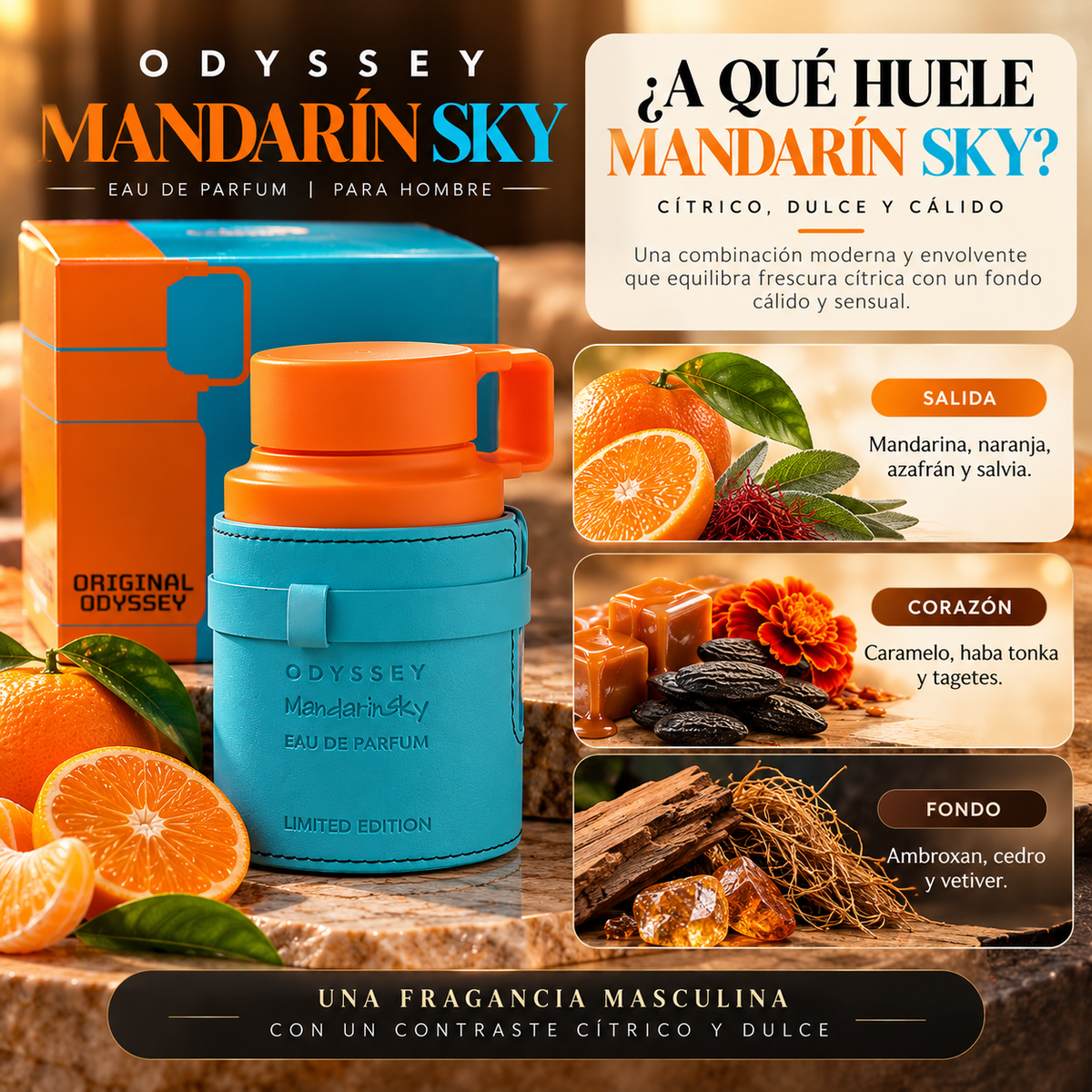 Notas olfativas de Odyssey Mandarin Sky: salida, corazón y fondo