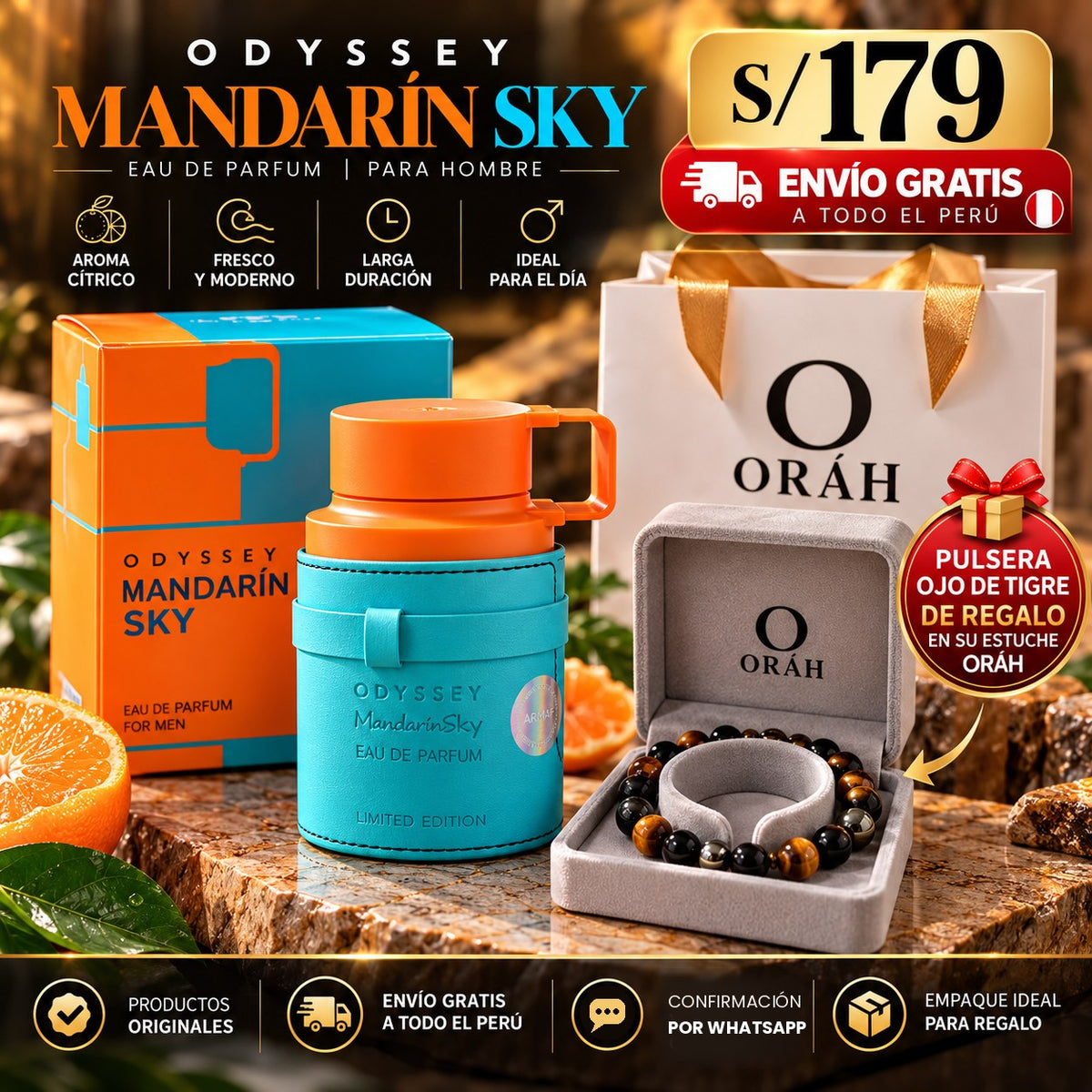Perfume Odyssey Mandarin Sky de Armaf con pulsera Ojo de Tigre de regalo y envío gratis